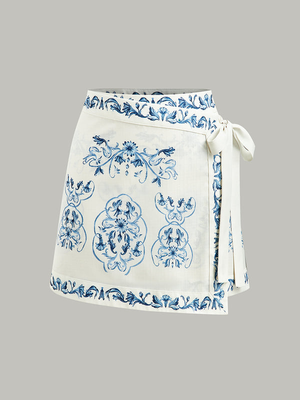 Çiçek Desenli Bağcıklı Etek 