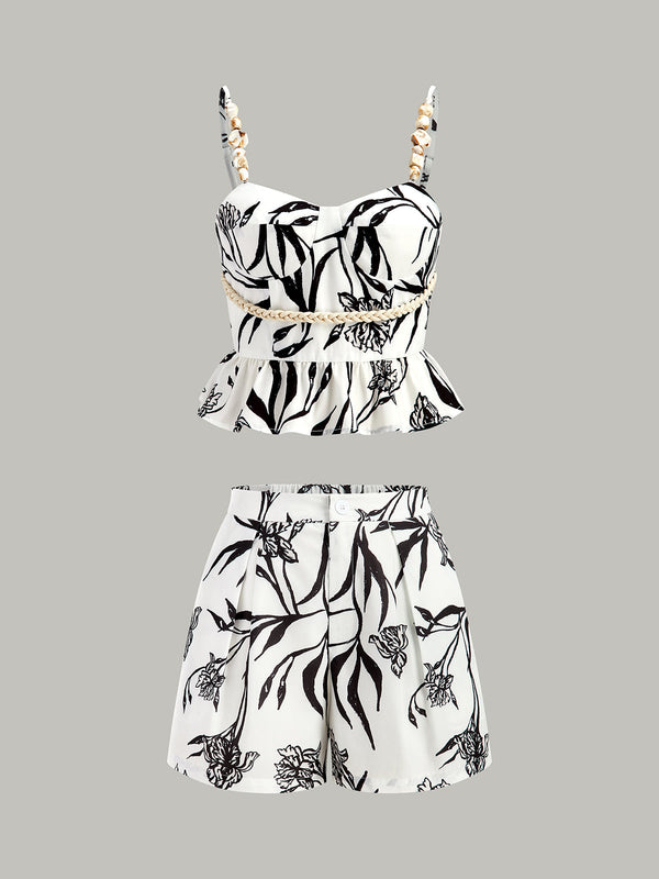 Çiçek Desenli Peplum Üst ve Şort Takımı 