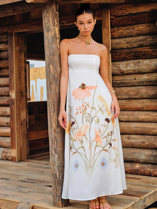 Straplez Çiçek Desenli Elbise 