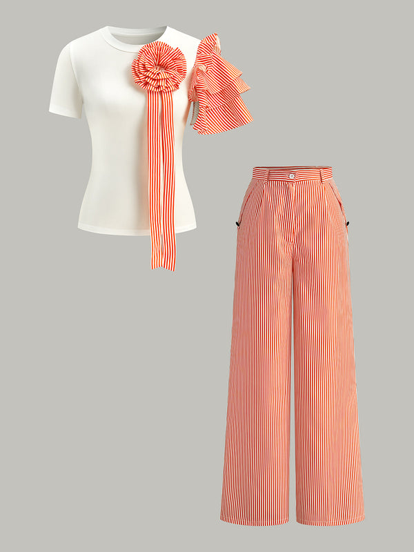 Çizgili Rozet Detaylı Üst ve Pantolon Takımı 