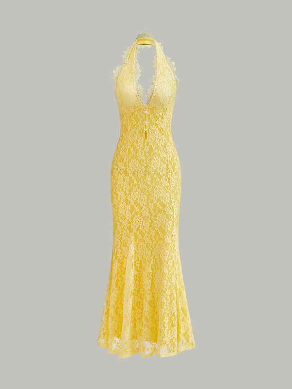 Halter Neck Floral Lace Dress