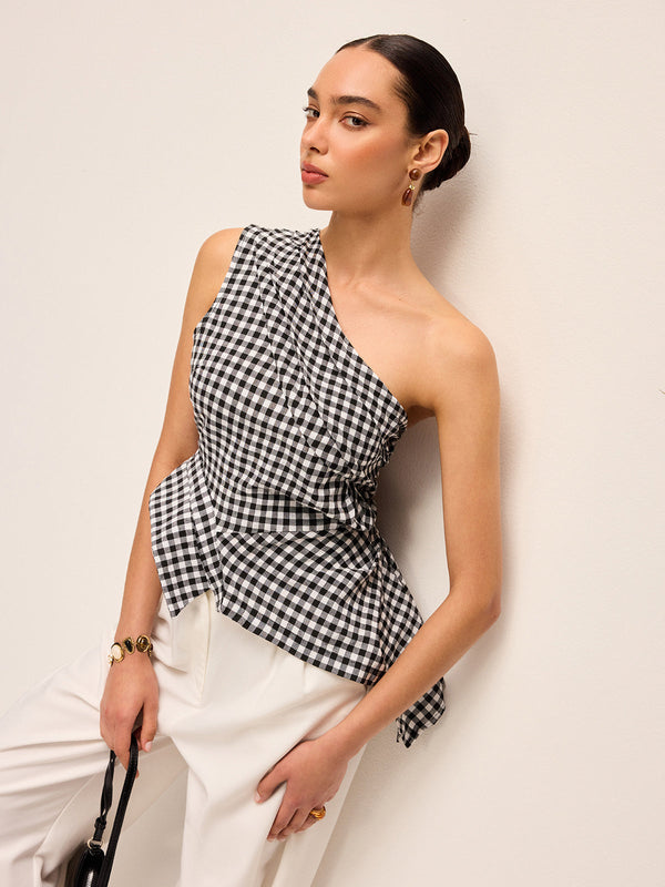 Asymmetrical Checkered One-Shoulder Tank Top