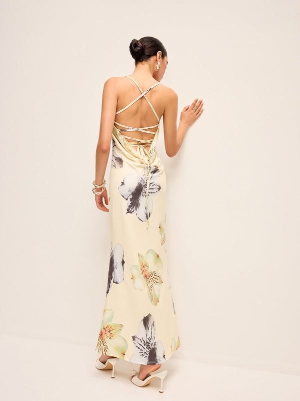 Backless Lace-Up Floral Dress