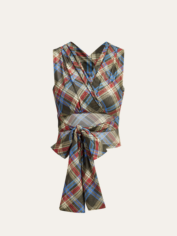 Semi-Sheer Plaid Knotted Tie-Back Top