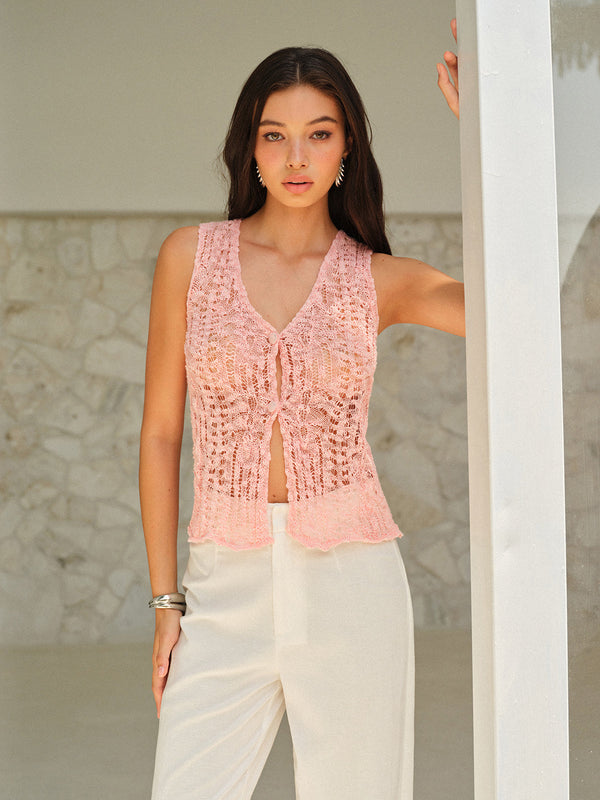 V-Neck Semi-Sheer Sleeveless Vest