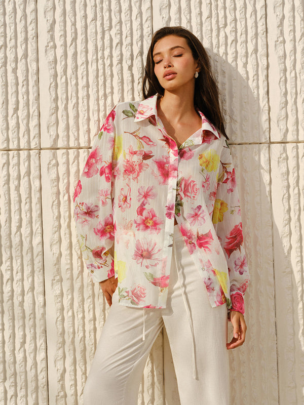 Yarı Şeffaf Çiçek Desenli Uzun Kollu Düğmeli Gömlek 