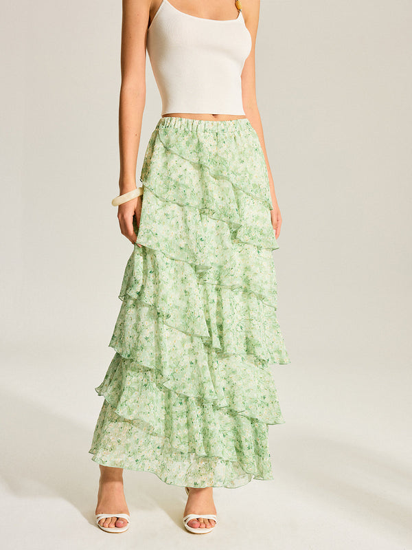 Semi-Sheer Golden Polka Dot Chiffon Tiered Skirt