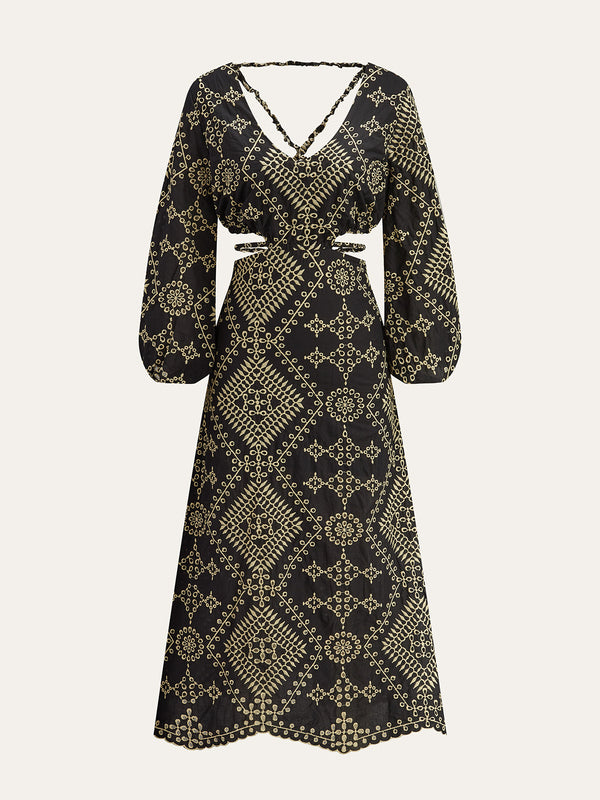 İşlemeli Kesikli Uzun Elbise 