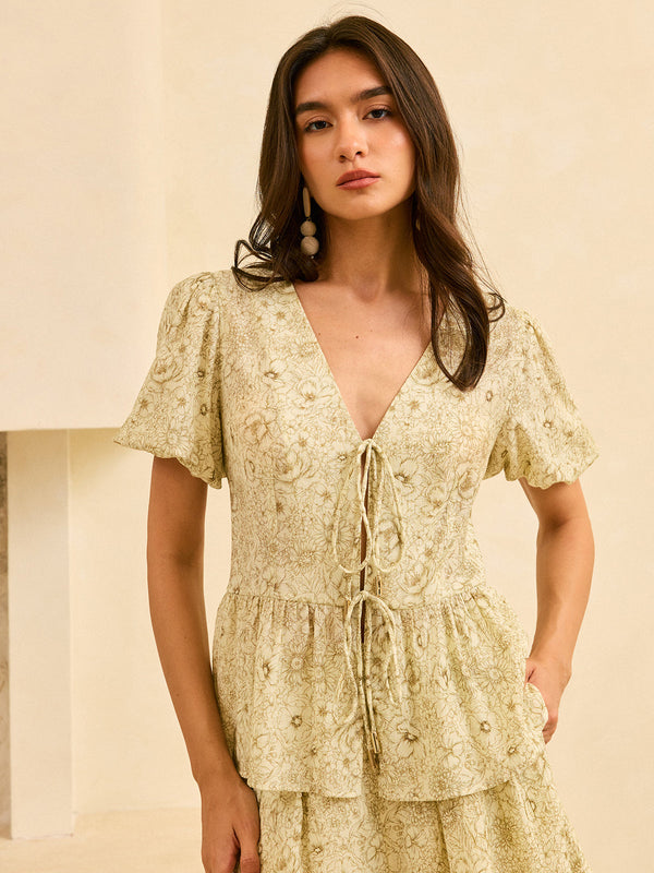 Yarı Şeffaf Çiçek Desenli Peplum Önden Bağlamalı Bluz 