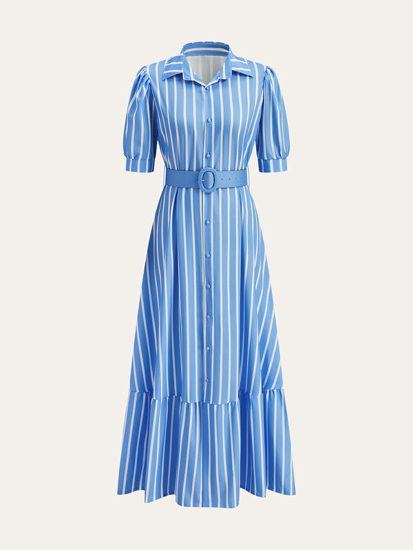 Belted Striped Dress with Puff Sleeves