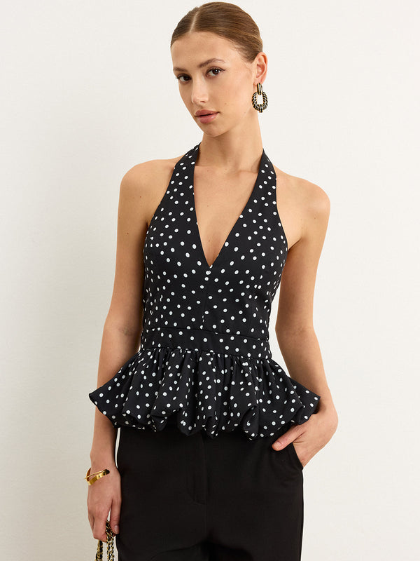 Polka Dot Halter Peplum Üst 