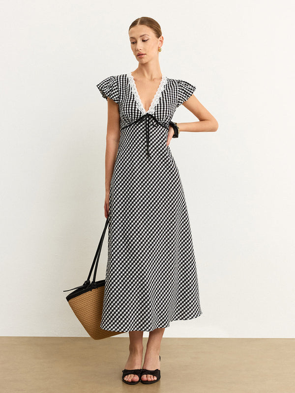 Gingham Lace-Trimmed Midi Dress
