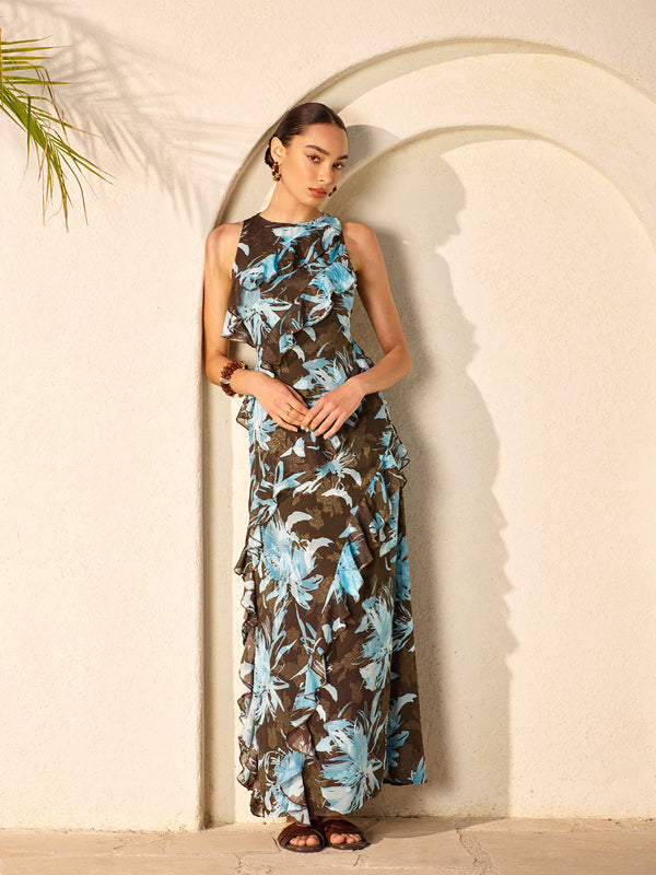 Chiffon Floral Print Sleeveless Dress With Ruffled Detail