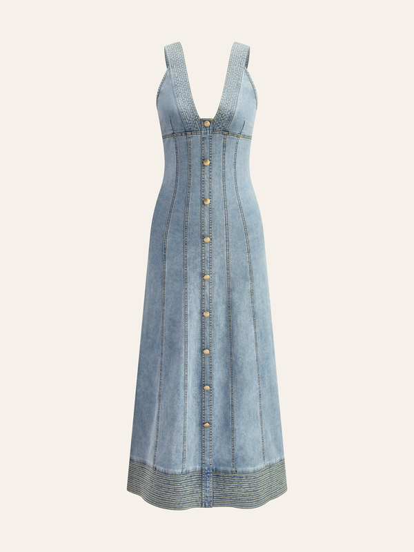 Button-Front Denim Sleeveless Dress