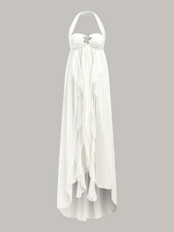 Yarı Şeffaf Halter Volanlı Sırtı Açık Uzun Elbise 