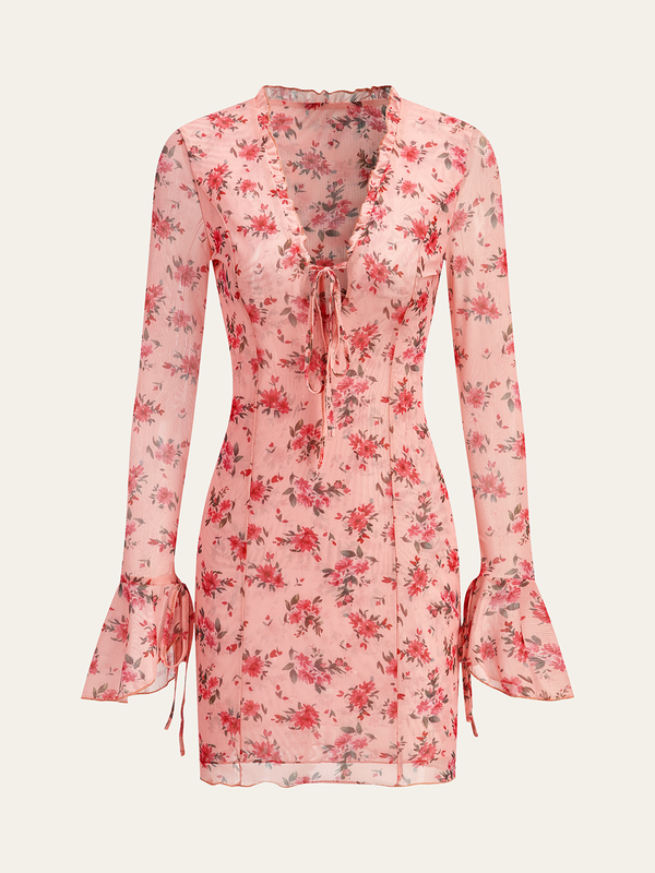 Yarı Şeffaf Baskılı Derin V Elbise 