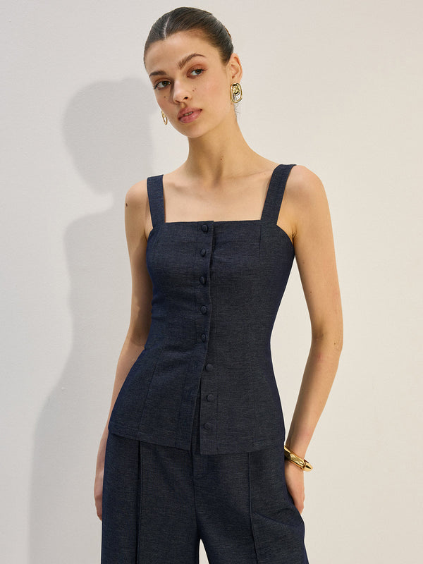 Önü Düğmeli Kot Yelek Üst 