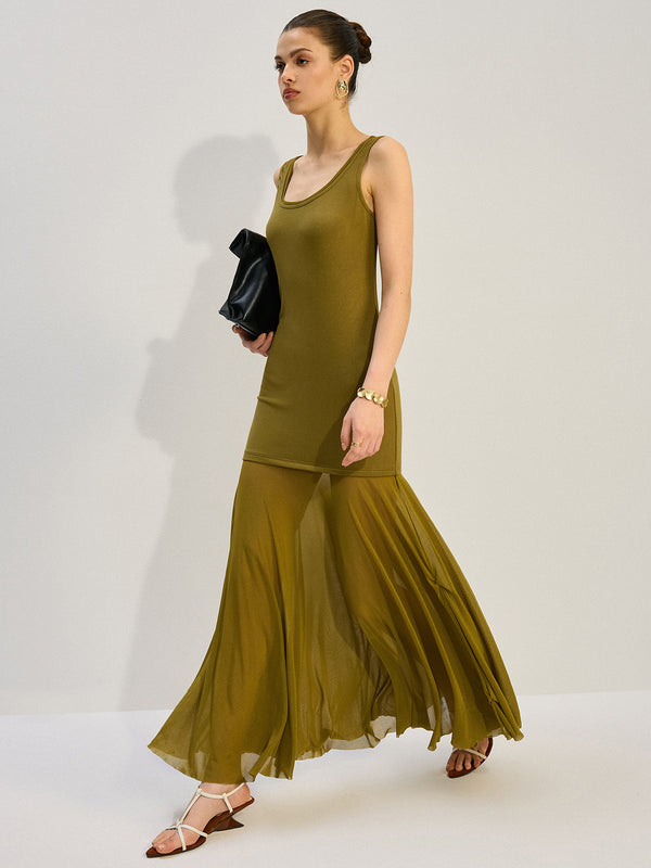 Kolsuz Şeffaf Panelli Uzun Elbise 