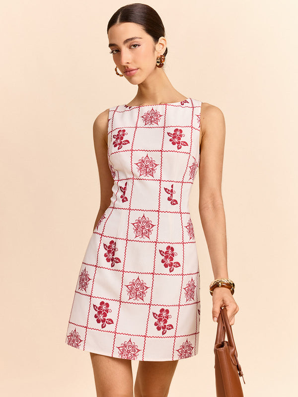 Grid and Floral Print Mini Dress