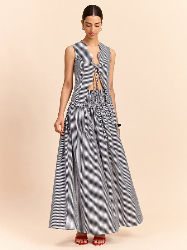 Çizgili Önden Bağlamalı Üst ve Etek Takımı 