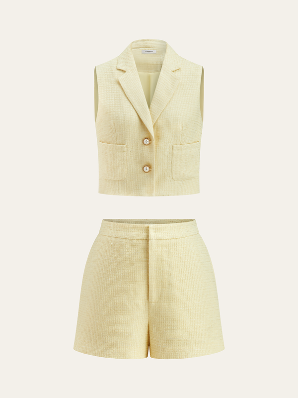 İnci Düğmeli Tweed Yelek ve Şort Takımı 
