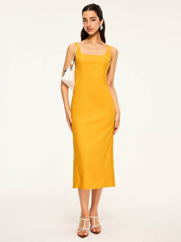 Pamuk ve Keten Büzgülü Midi Elbise 