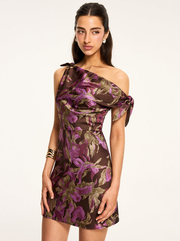 Çiçek Desenli Omuz Açık Mini Elbise 