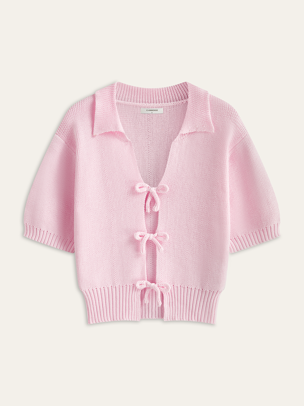 Short-Sleeved Knit Top with Bow Detail
