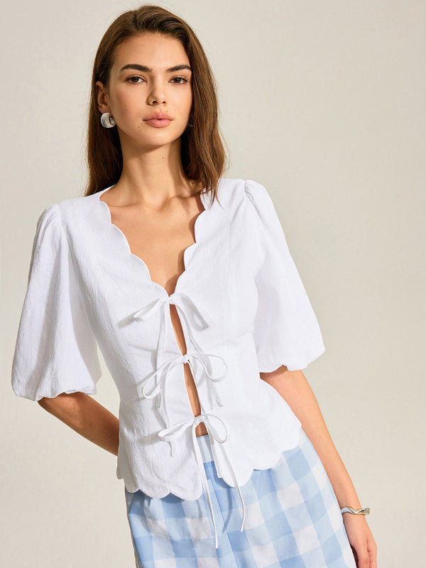 Cotton & Linen Scallop Trim Puff Sleeve Top