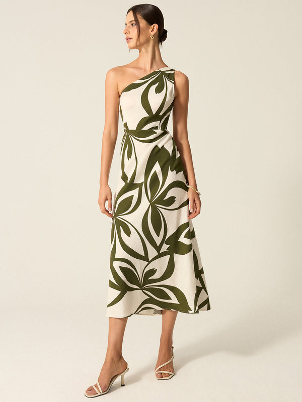 Tek Omuzlu Baskılı Midi Elbise 