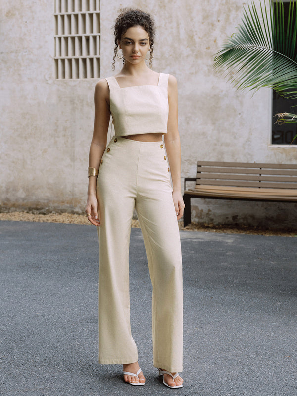 Cotton & Linen Button Decor Tank Top With Straight Leg Pants Set