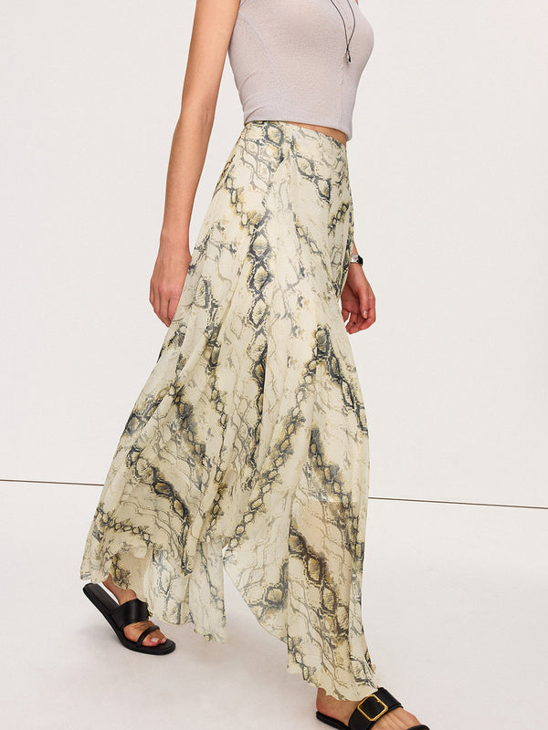 Semi-Sheer Snake Print Flowy Maxi Skirt
