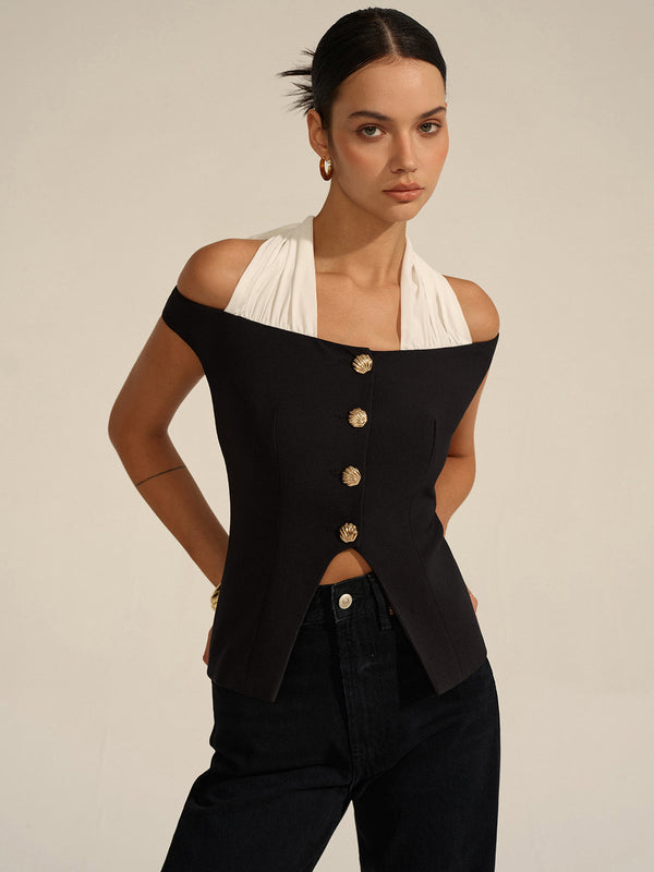 Omuzları Açık Halter Yaka Bluz