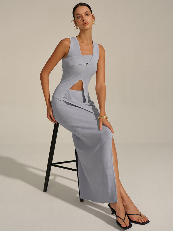 Asimetrik Yırtmaçlı Örme Etek Takımı 