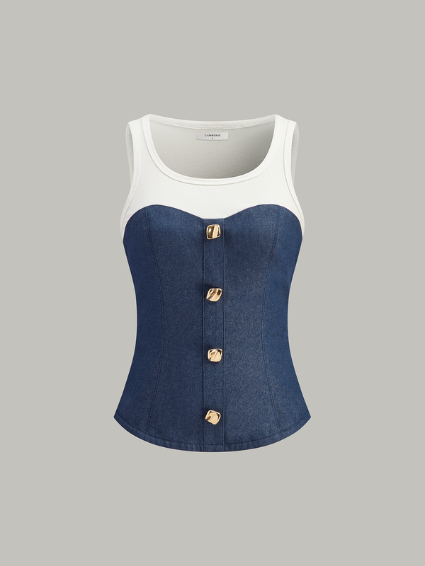 Cotton-Paneled Faux Denim Tank Top