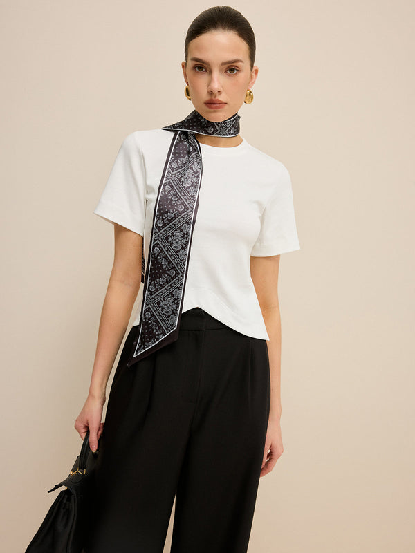 Irregular Hem T-Shirt with Silk Scarf