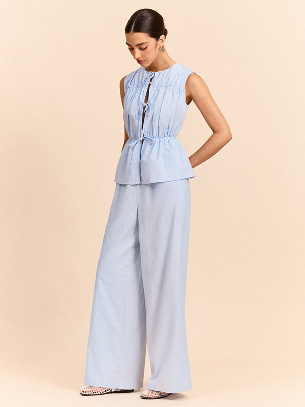 Önü Bağcıklı Keten ve Pamuklu Pantolon Takımı