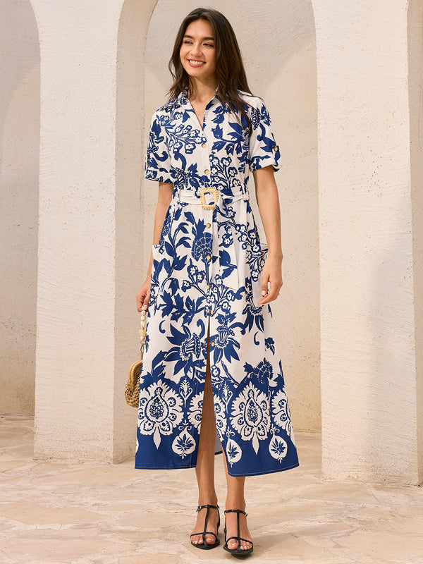 Cepli Kemerli Çiçek Desenli Midi Elbise 