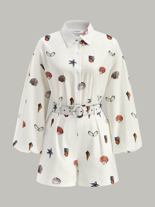 Kemerli Deniz Kabuğu Desenli Şort Takımı