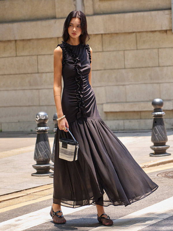 Fırfır Detaylı Önü Büzgülü Uzun Elbise 