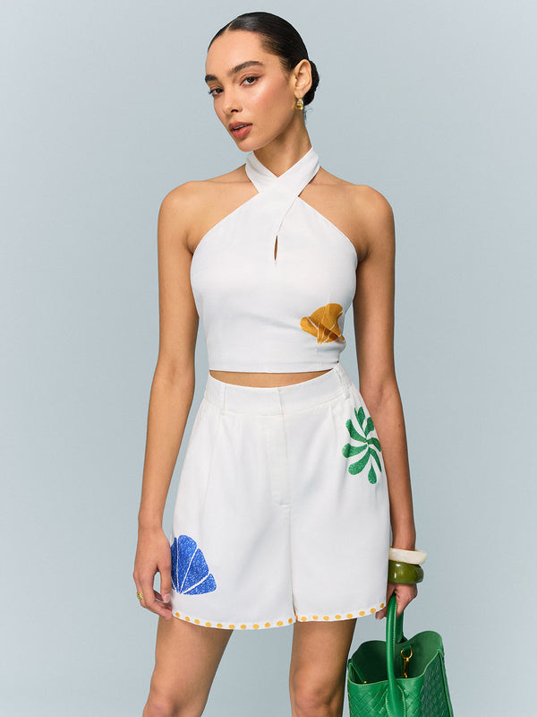 Halter Yaka Kısa Üst ve Baskılı Şort Takımı 