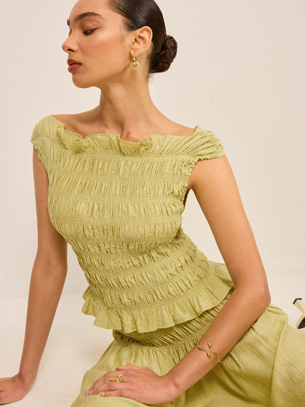 Fırfırlı Yakalı Çift Taraflı Pileli Keten Üst