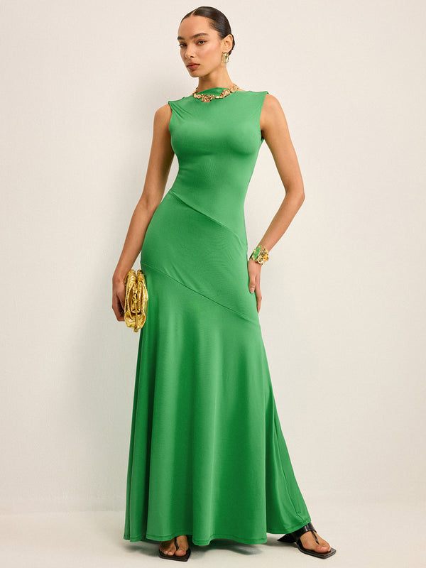 Kolsuz Sırtı Açık Maksi Elbise 