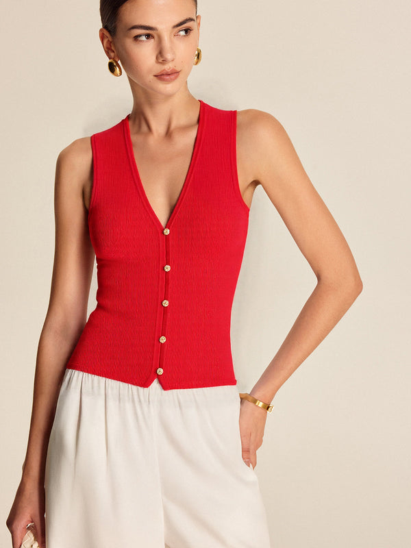 V Yaka Düğmeli Örme Yelek 