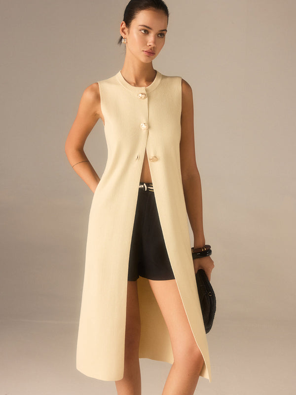 Önü Metal Düğmeli Kolsuz Örgü Midi Üst 