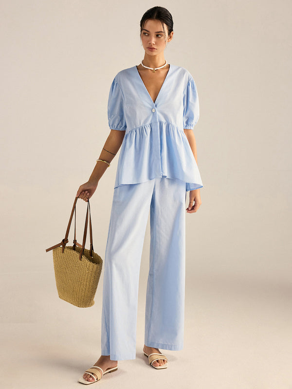 Pamuklu Peplum Üst ve Pantolon Takımı