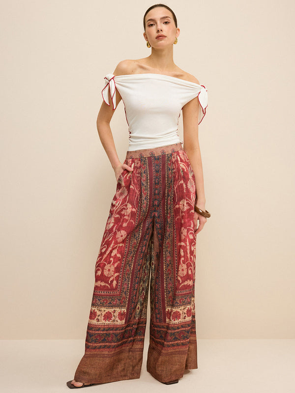 Boho Desenli Geniş Paça Pantolon 