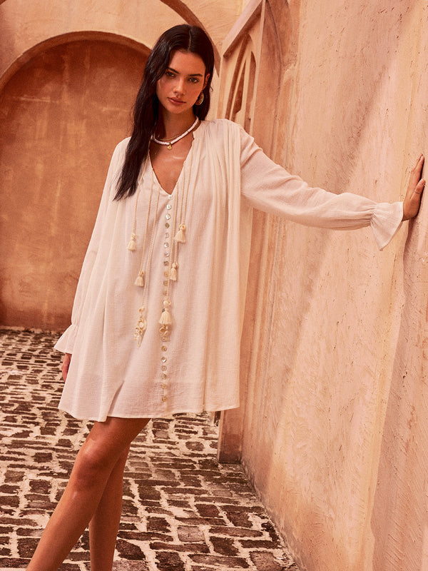 Püsküllü Düğmeli Pamuklu Mini Elbise 