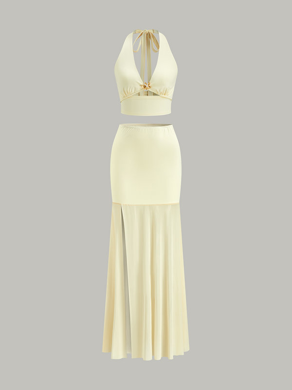 Halter Yaka Kısa Üst ve File Panelli Etek Takımı 