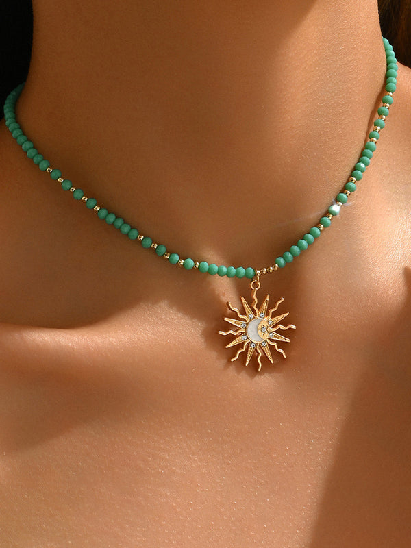 Turquoise Beaded Choker with Sun-Moon Pendant